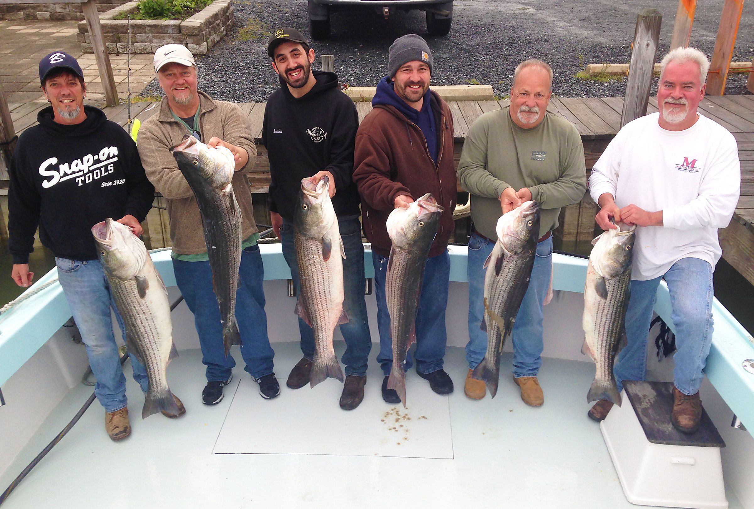 Six anglers on the dock, each holding a big rockfish